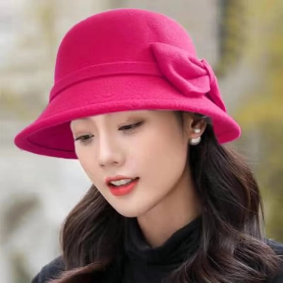 AirLoni Fedora Hats For Women Bow Decor Wide Brim Round Dome Warm Woolen Hat Autumn Winter Elegant Fedora Hat Daily Wear Solid Color Hot Pink,One Size