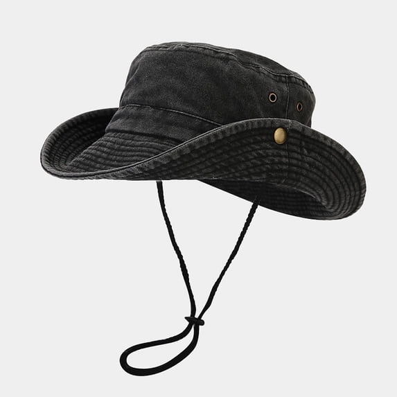 AirLoni Men's Bucket Hat With Adjustable Windproof Chin Strap UPF 50+ Breathable Wide Brim Washed Distressed Foldable Sun Hat Fisherman's Hat For Travel Outdoor Black,One Size