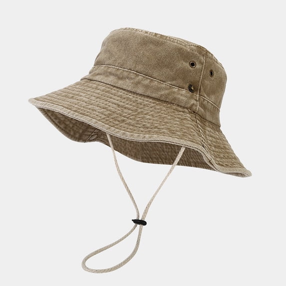 AirLoni Men's Bucket Hat With Adjustable Windproof Chin Strap UPF 52+ Breathable Wide Brim Washed Distressed Foldable Sun Hat Fisherman's Hat For Travel Outdoor Khaki,One Size