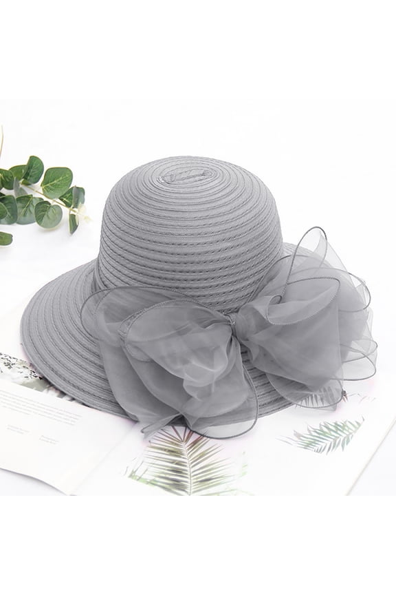 Sun Hats For Women Church Derby Dress Fascinator Wide Brim Mesh Feathers Bridal Cap British Tea Party Wedding Hat Grey,One Size