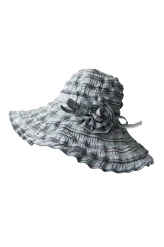 Sun Hats For Women Dressy Caps Fashion Pleated Striped Lightweight Foldable Wide Brim Floppy Hat Grey,One Size