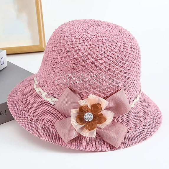 AirLoni Sun Hats For Women With Ruffled Bow Decor Woven Handmade Summer Foldable Breathable French Tea Party Church Hat Bucket Hat Bowler Hat Solid Color Light Violet,One Size