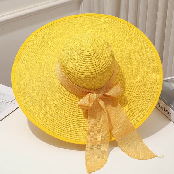 AirLoni Sun Straw Cap For Women Wide Brim UV Protection Bow Decor Lightweight Foldable Breathable Beach Hat Fisherman Summer Hats Yellow,One Size