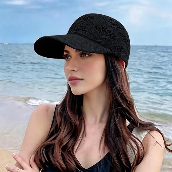 AirLoni Women Mesh Baseball Cap Hollow Knit Breathable Cutout Crown Embossed Pattern Adjustable Buckle Lightweight Summer Outdoor Sun Protection Sports Trucker Hat Black,M