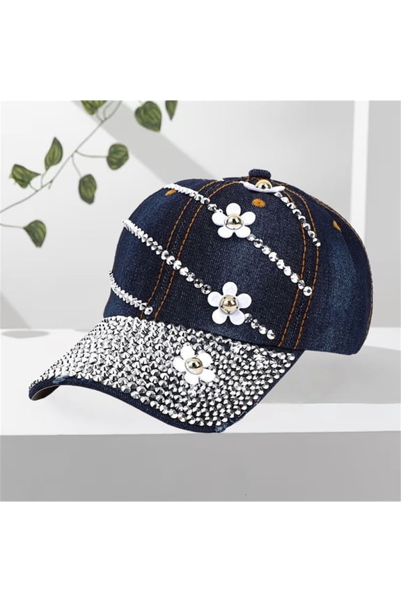 Women Sun Visor Cap Elegant Rhinestone Decor Breathable Adjustable Lightweight Solid Color Foldable Summer Casual Trucker Hat Dad Hat Dark Blue,One Size