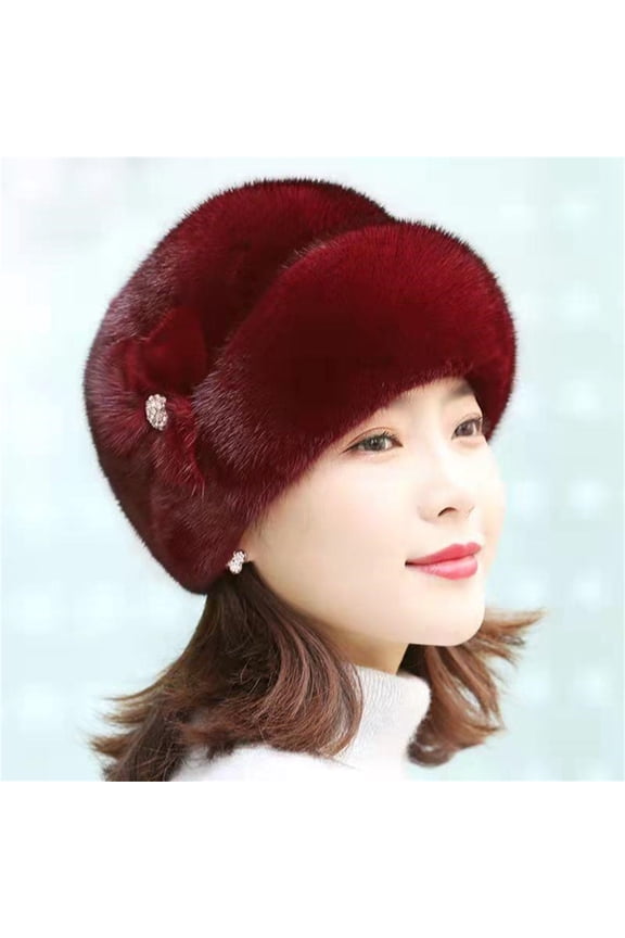 Women's Bomber Hats For Winter Warm Middle And Elderly Women's Hats Floral Decor Fluffy Hats For Mothers Grandma Old Ladies Solid Color Wine,One Size