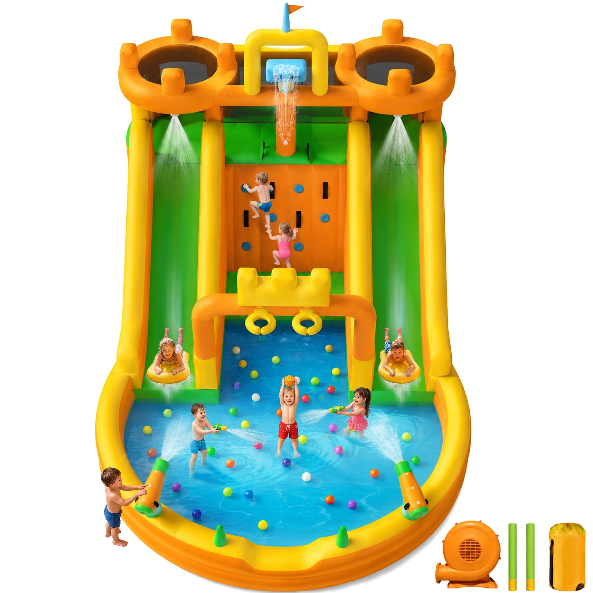 INFLATEFLY Inflatable Water Park 10 in 1 Multifunctional with Double Slides, Climbing Wall, 2 Basketball Hoops, Dual Water Cannons