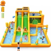 INFLATEFLY 13-in-1 Inflatable Water Slide Park for Backyard, Kids Heavy-Duty Bounce House with Double Slides, Splash Pool, Climbing Wall, 2 Water Cannons, Basketball Hoop