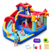 AirMyFun Inflatable Water Slide Bounce House with 450W Blower, 12*10*7.5FT Water Slide Park Climbing Wall, Basketball Hoop and Splash Pool, Wet or Dry Water Park for Kids