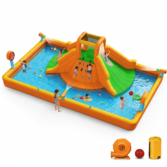 INFLATEFLY Inflatable Bounce House, Multifunctional Water Slide Castle with Dual Slides, Basketball Hoop, Splash Pool, Water Cannon, Climbing Wall, Outdoor Backyard Water Park for Kids