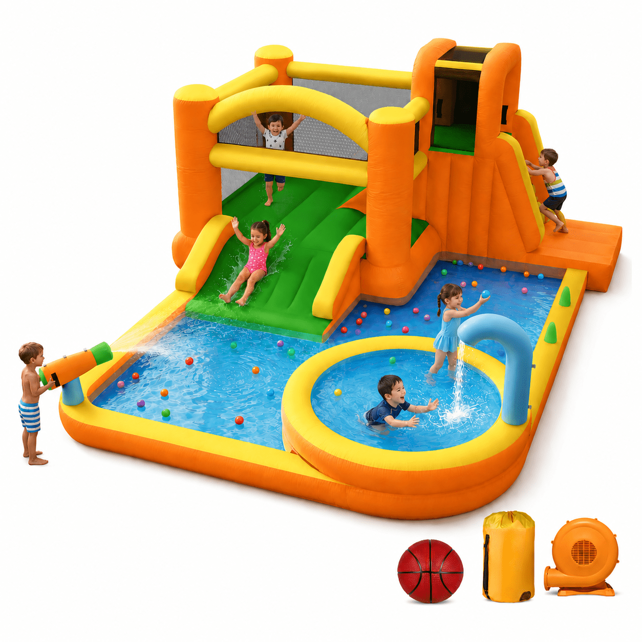 INFLATEFLY Inflatable Water Slide, 9-in-1 Bounce House Water Park with Trampoline, Pool, Climbing Wall, Water Cannon, Slides and Basketball Hoop, Kid Bouncy Castle for Outdoor Indoor Backyard Fun