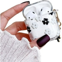 for AirPods 2nd 1st Gen Case,Clear Cute Glitter Flower Floral Design for AirPods Case with Keychain,Women Girl Soft Smooth TPU Protective Cover for Airpods 2/1-Black White