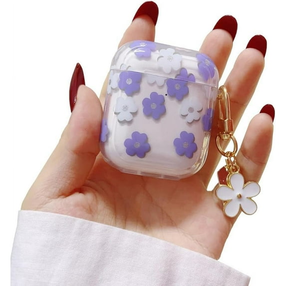 for AirPods 2nd/1st Gen Case with Keychain,Cute Clear Purple Flower Floral Protective Earphone Cover Case,Soft Transparent TPU for AirPods 2 1 Case Women Girl