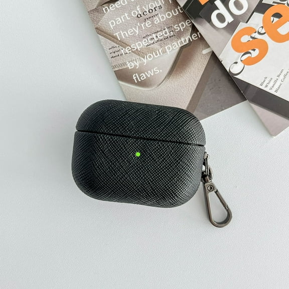 for AirPods 3rd Generation 2021 Case, Cross Texture PU Leather Wireless Charging Front LED Visible Cover Shockproof Protective Shell Dust/Dirt Proof Case with Keychain Clip - Black