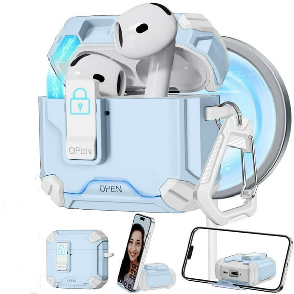 AirPods 4 Case,【Built-in Invisible Bracket】 Secure Lock Case [Compatible with MagSafe] for AirPods 4th Generation 2024 wiht Cleaning Kit,Auto-Open,Military Grade Protective