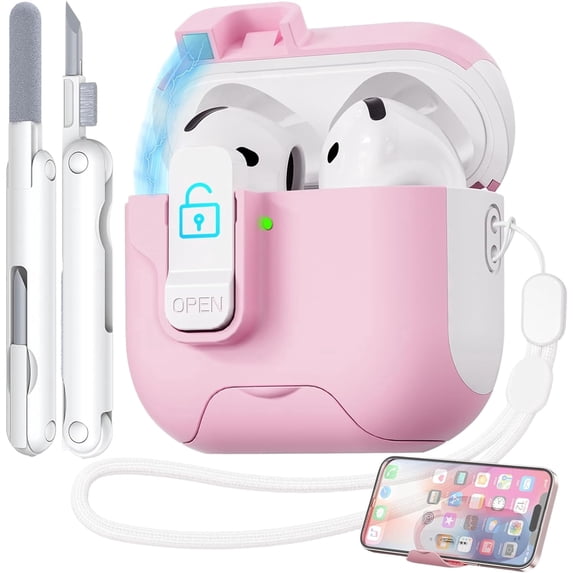 for AirPods 4 Case with Phone Stand, Pink Case Compatible with Apple AirPods 4th Gen 2024, Secure Lock & Magnetic Lid, with Cleaning Kit & Lanyard, Cute Cover for Women Girly, Drop-Proof