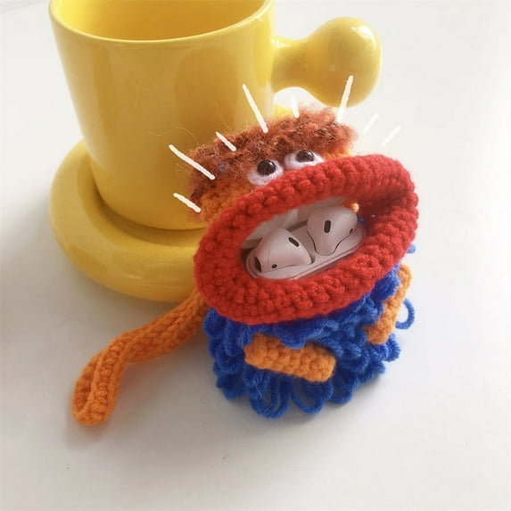 AirPods Case, Cute Cartoon Character Knit Weave Winter Protective Shockproof Earbuds Case Cover with Hand Strap Keychain Compatible for Apple AirPods 1 / 2