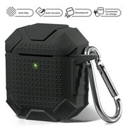 AirPods Case [Front LED Visible] GMYLE Silicone Protective Heavy Duty Armor Earbuds Case Cover Skin with Keychain Compatible for Apple AirPods 1 & 2 (Black)