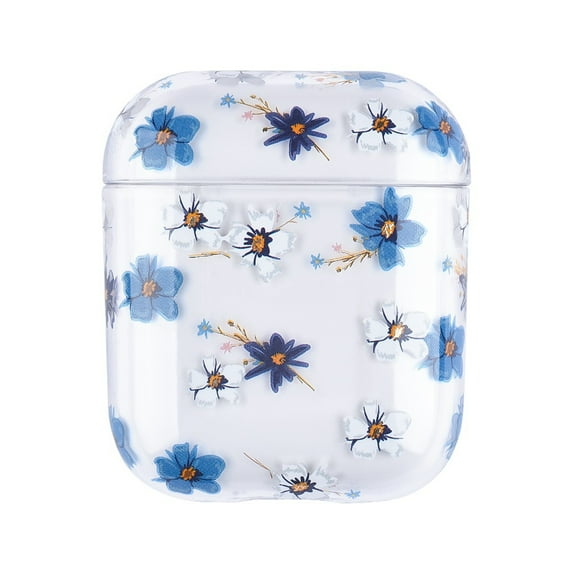 AirPods Case, GMYLE Clear Hard Shell Protective Shockproof Earbuds Case Cover Skin with Keychain Kit Set Compatible for Apple AirPods 1 & 2 (Blue Flowers)