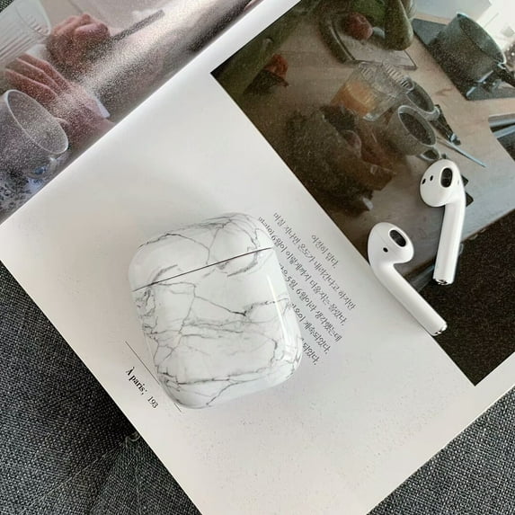 AirPods Case, GMYLE Hard Shell Protective Shockproof Earbuds Case Cover Skin with Keychain Kit Set Compatible for Apple AirPods 1 & 2 (White Marble)