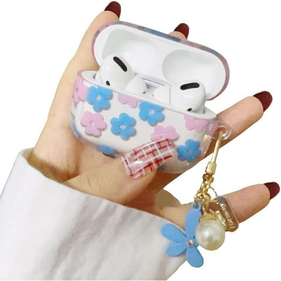 for AirPods Pro 1st Gen Case with Keychain,Cute Clear Blue Pink Flower Floral Protective Earphone Cover Case,Soft Transparent TPU for AirPods Pro Case Women Girl