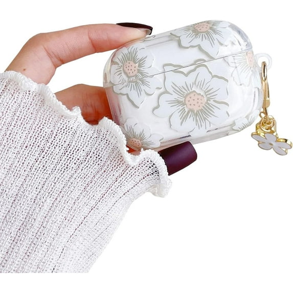 for AirPods Pro 2 Generation(2022) Case with Keychain,Cute Clear Glitter Flower Floral Protective Earphone Cover Case,Soft Transparent TPU for AirPods Pro Case Women Girl-White