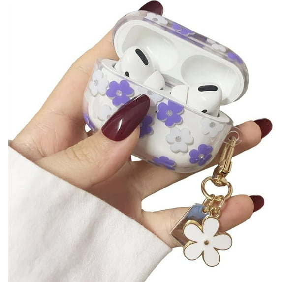 for AirPods Pro 2 Generation(2022) Case with Keychain,Cute Clear Glitter Flower Floral Protective Earphone Cover Case,Soft Transparent TPU for AirPods Pro Case Women Girl-Purple White