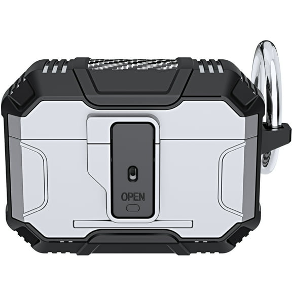for AirPods Pro 2019 PC Carbon Fiber Case Cover with Keychain, Military Hard Shell Drop Protective Armor with Lock Charging Case, Front LED Visible, for Men Women, Silver