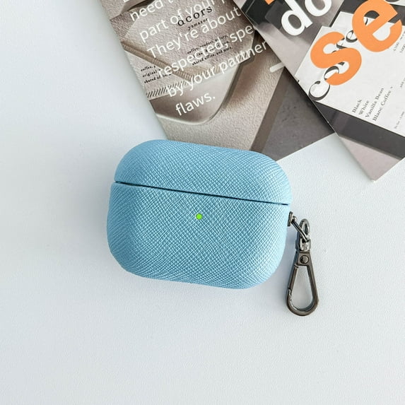 for AirPods Pro 2nd Generation 2022 Case, Cross Texture PU Leather Wireless Charging Front LED Visible Cover Shockproof Protective Shell Dust/Dirt Proof Case with Keychain Clip - Skyblue