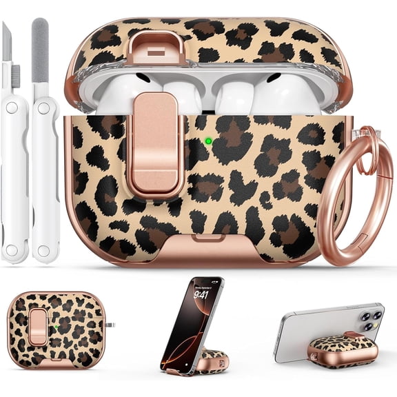 for AirPods Pro 3 Case 2025, with Safty Lock & Phone Stand for Floral AirPods Pro 3 Generation Case Cover for Women Girly, iPod Pro 3 Case with Keychain & Cleaner Kit - Leopard Print