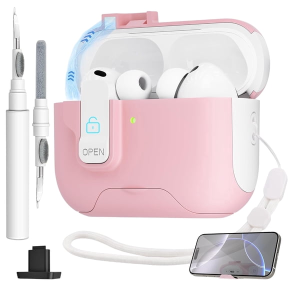 for AirPods Pro 3 Case(2025) with Secure Lock Clip, Automatic Pop-up Full Drop Protective Hard Cover for Apple AirPod Pro 3rd Generation with Lanyard & Cleaning Kit (Pink)