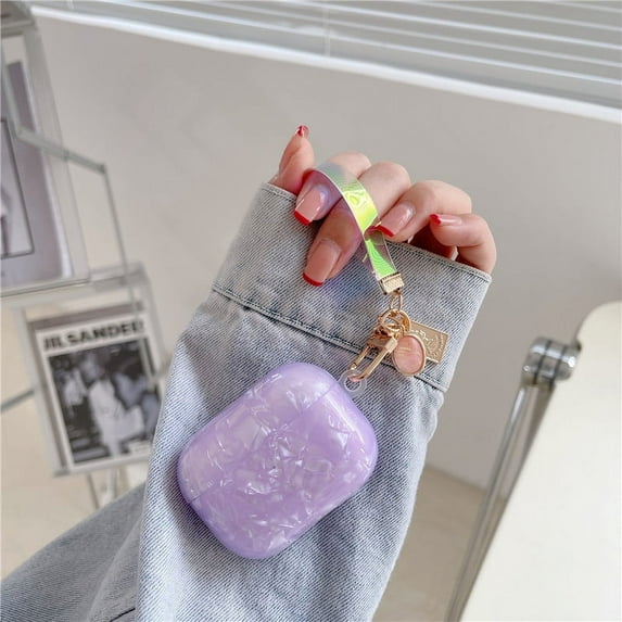 AirPods Pro Case with Keychain, GMYLE Pearl Style Cute Hard Shell Case Protective Earbuds Cover Skin for Apple AirPods Pro (Purple with Gem Keyring)