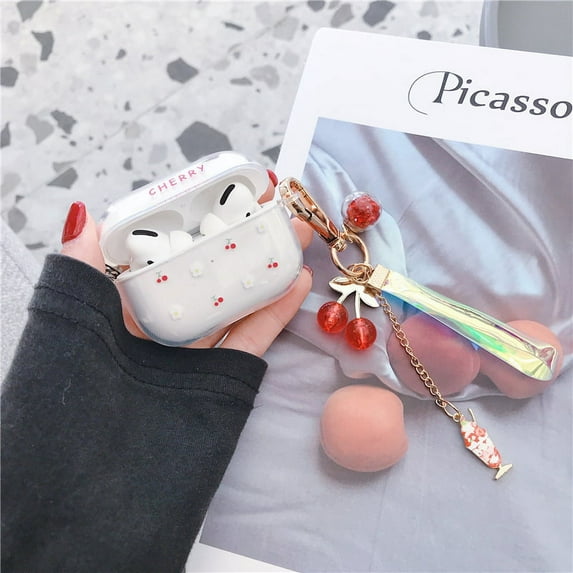 AirPods Pro Case with Keyring Cute, GMYLE Clear Protective Shockproof Earbuds Case Cover Skin for Apple AirPods Pro (Cherry)