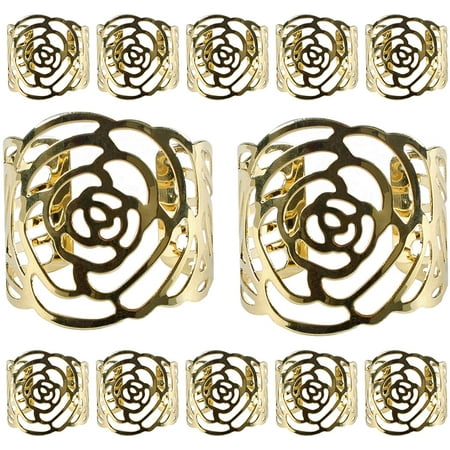 AirSMall 12 pcs Hollow Out Rose Shape Napkin Rings Gold Metal Napkin Holder Ring for Christmas Wedding Party Dinner Table Decor