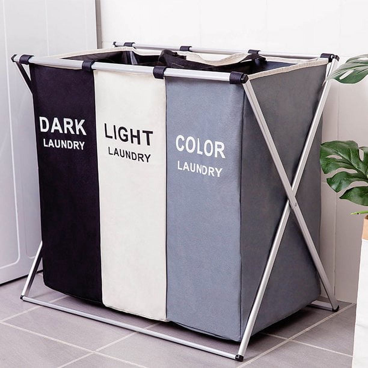 135L Foldable Laundry Hamper, 3 Sections, Aluminum Frame, for Home ...
