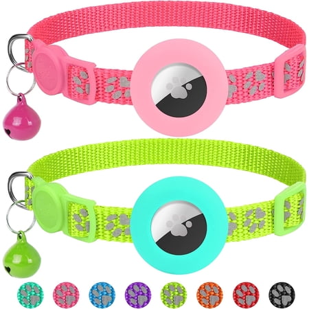 AirTag Cat Collar, 2 Pack Reflective Kitten Collar with Waterproof Air Tag Holder, Cute Boy Girl Cats Collars with Safety Breakaway Buckle and Removable Bell, Green & Pink