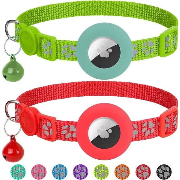 AirTag Cat Collar, 2 Pack Reflective Kitten Collar with Waterproof Air Tag Holder, Cute Boy Girl Cats Collars with Safety Breakaway Buckle and Removable Bell, Green & Red