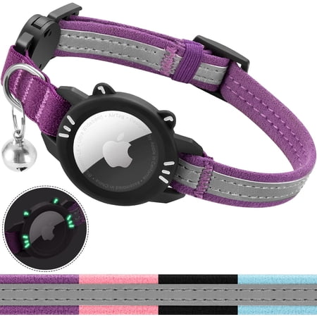 AirTag Cat Collar Breakaway, Reflective GPS Cat Collar with Apple Air Tag Holder, Cat Tracker Collars with Safety Elastic Band for Girl Boy Cats, Kittens and Puppies (9-13 Inch, Purple)