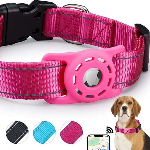 AirTag Cat Collar, Compatible with Apple AirTag, Polyester Pet Kitten Puppy Collar with Silicone AirTag Holder for Small Dogs, Pink Rose, XS: 8''-12'' Neck