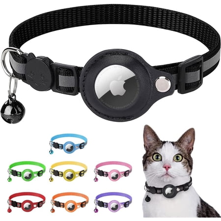 AirTag Cat Collar Reflective Adjustable Cat Collar with Air tag Holder and Bell Breakaway Buckle Lightweight for Pets Kitten, Black