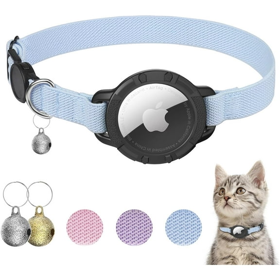 AirTag Cat Collars, Stretchy Collar with Holder and Bell, Breakaway Ultra Design Elastic GPS ng Collars for Cats Puppies, (7.5-12.5 Inch), Blue
