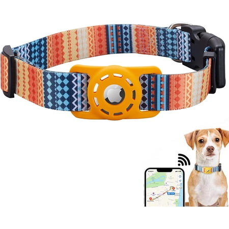 AirTag Dog Collar, Compatible with Apple 2021, Polyester Pet Cat Puppy Collar Silicone Holder for Small, Medium, Large, and Extra Large Dogs, Bohemia Orange, S: 9.8'-15.7' Neck