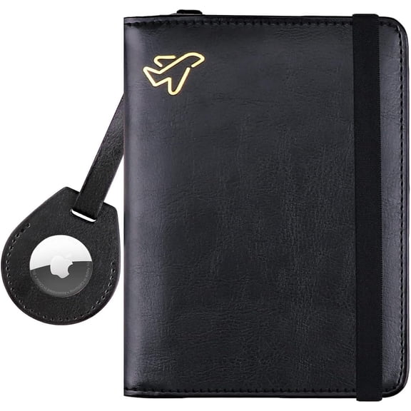 AirTag Passport Holder, PU Leather Airtag Wallet  Blocking Passport Cover Travel Essentials Case for Women Men (Black)