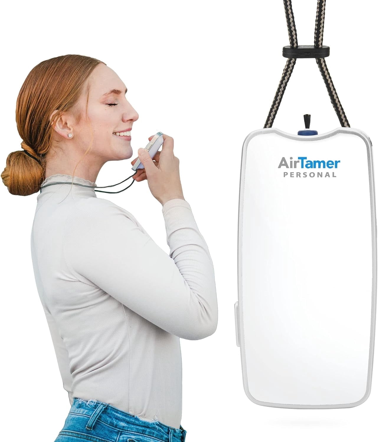 AirTamer A310W Rechargeable Personal Air Purifier with Ionic Technology, Portable Wearable Air Cleaner, USB Rechargeable, White with Metal Travel Case