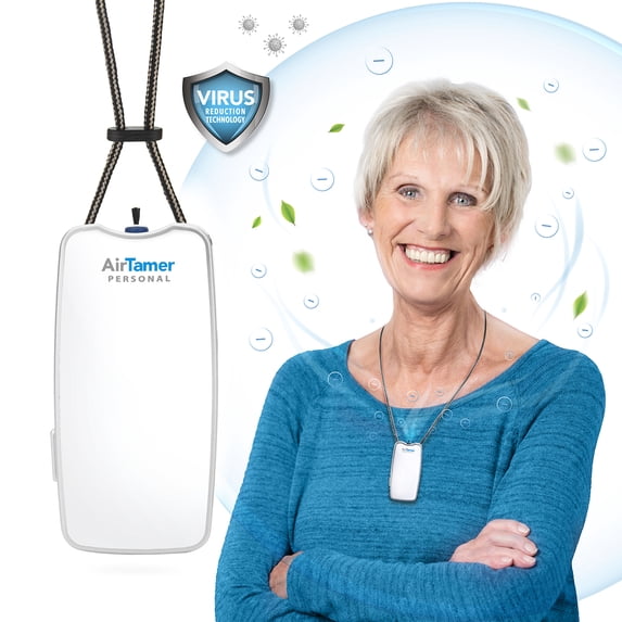 AirTamer A310W Rechargeable Personal Air Purifier with Ionic Technology, Portable Wearable Air Cleaner, USB Rechargeable, White with Metal Travel Case
