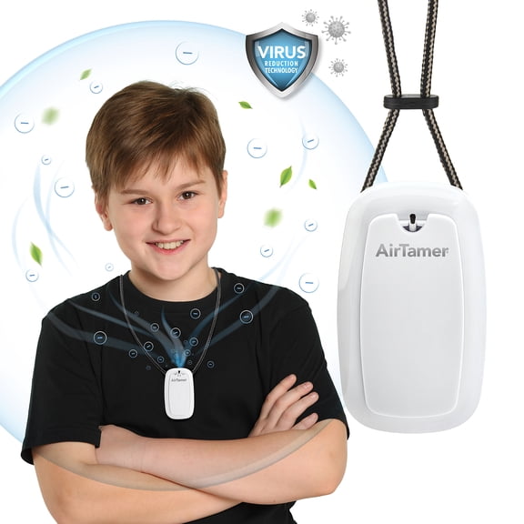 AirTamer A315W Rechargeable Personal Air Purifier with Ionic Technology, Portable Wearable Air Cleaner, White with Black Leather Travel Case
