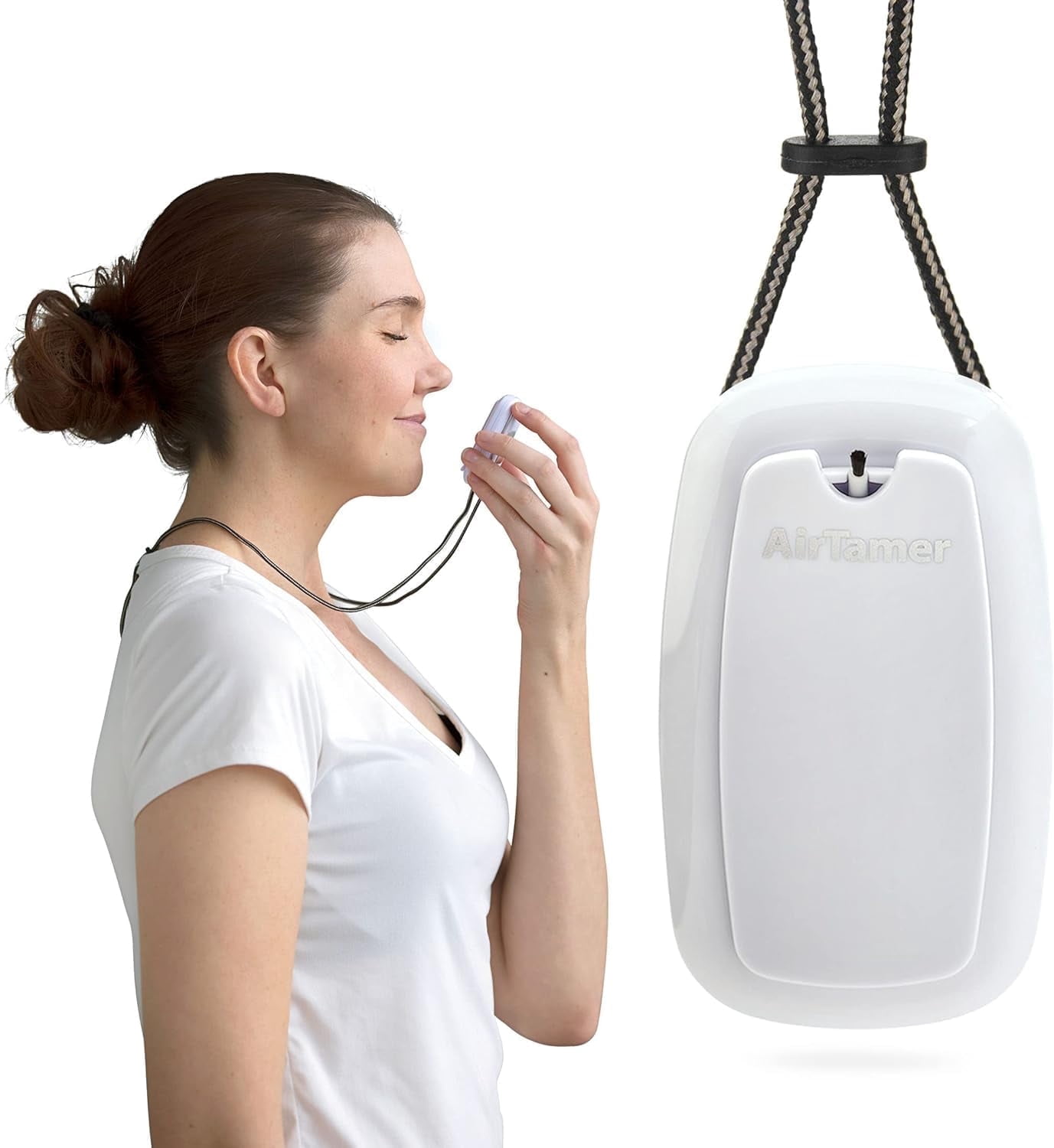 AirTamer A315W Rechargeable Personal Air Purifier with Ionic Technology, Portable Wearable Air Cleaner, White with Black Leather Travel Case