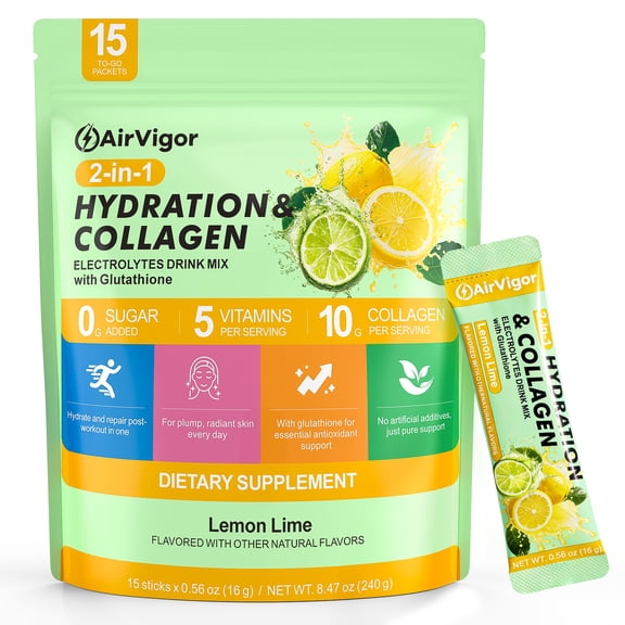 AirVigor Electrolytes Powder Packets, 10G Collagen Hydration Packets, Sugar Free Daily Electrolyte Hydration Recovery Drink Mix with 5 Vitamins & Glutathione, Joint Skin Muscle Support, Keto, Lemon