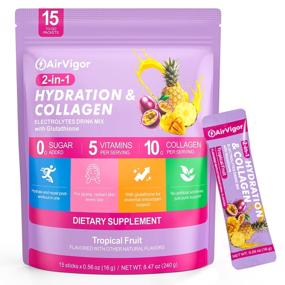 AirVigor Electrolytes Powder Packets, 10G Collagen Hydration Packets, Sugar Free Daily Electrolyte Hydration Recovery Drink Mix with 5 Vitamins & Glutathione, Joint Skin Muscle Support, Keto