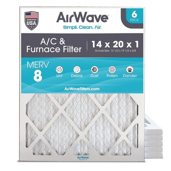 AirWave 14x20x1 MERV 8 Pleated HVAC AC Furnace Air Filter, 6-Pack